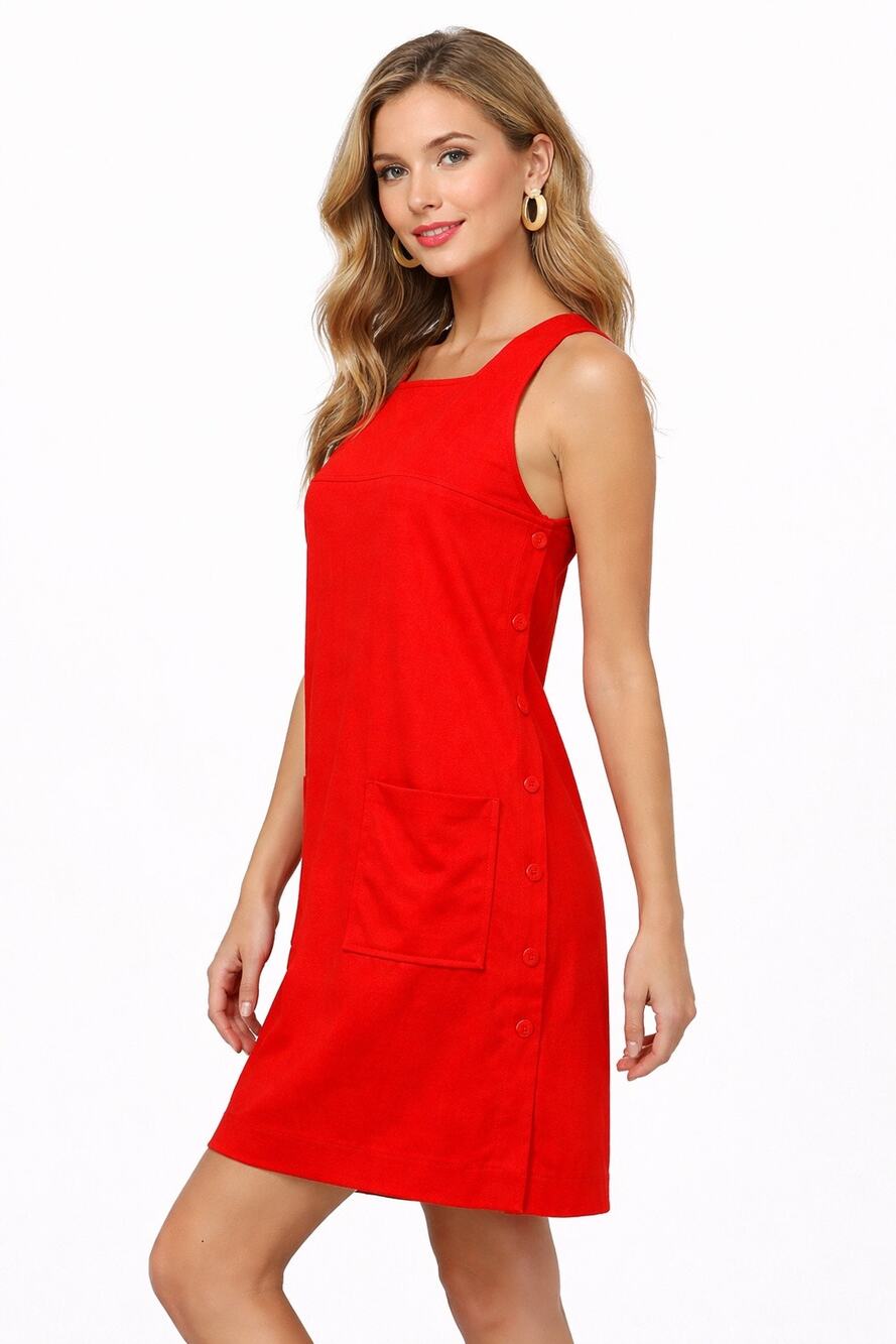 1970s Sears Red Mod Jumper Dress Pocket Button Side Shift Size Medium